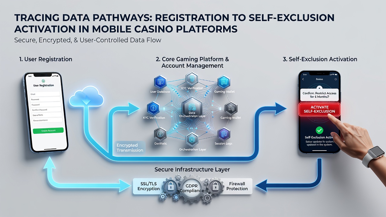 Diagram showing data pathways linking player activity logs to automated self-exclusion activation in mobile gambling platforms